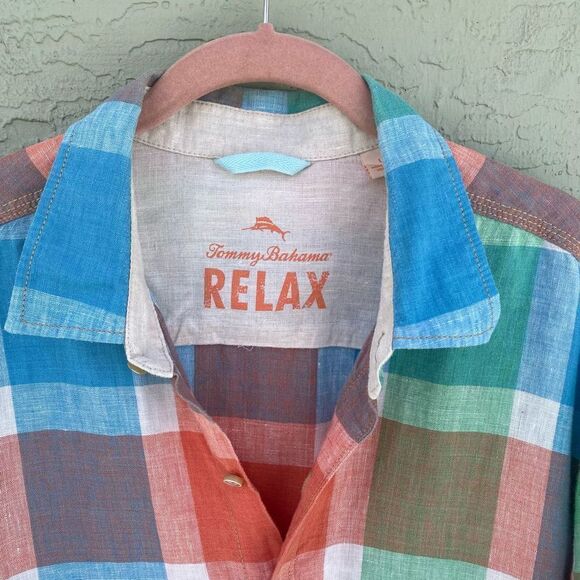 Tommy Bahama Relax SZ L Short Sleeve Pastel Plaid 100% Linen Shirt - Picture 4 of 11